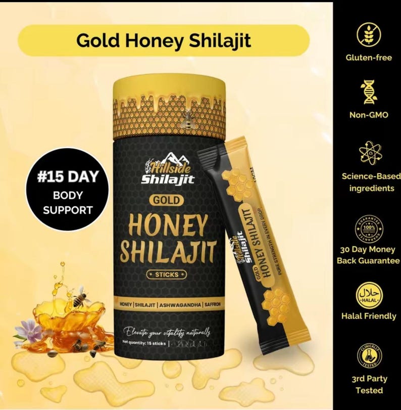 Puede incluir: Un recipiente cil&iacute;ndrico negro y dorado y un paquete de barritas de Honey Shilajit. El recipiente tiene el texto "Gold Honey Shilajit" y "Honey Shilajit Sticks". El paquete dice "Pure Strength in Every Drop". La imagen tambi&eacute;n incluye iconos sin gluten, sin OGM y halal.