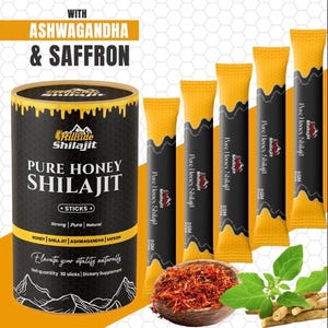 Op de afbeelding: Een afbeelding van Pure Honey Shilajit-producten. Een zwarte cilindrische container met gele details en tekst, samen met verschillende stickverpakkingen. De tekst op de container en verpakkingen luidt "Pure Honey Shilajit". De afbeelding bevat ook saffraan en ashwagandha.