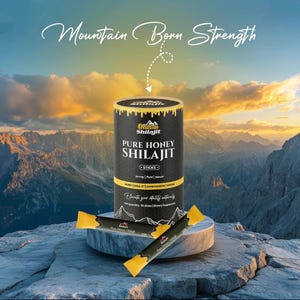 Op de afbeelding: Een productfoto van een zwart-gouden container met Hillside Shilajit Pure Honey Shilajit sticks. De container is cilindrisch en heeft bovenaan de tekst "Mountain Born Strength". Twee individuele honingsticks liggen voor de container. De achtergrond toont een bergketen.
