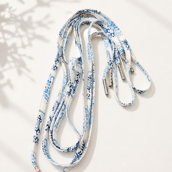 Blue Pattern Fabric Shoelaces, Soft Lightweight Shoe Laces, White & Blue Print Laces, Replacement Shoelaces, Casual Sneaker Laces