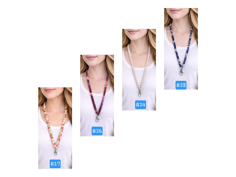Op de afbeelding: Vier stoffen lanyards met metalen karabijnsluitingen. Nummer 17 is beige met rode en groene bloemmotieven. Nummer 26 is een paars en magenta kleurverloop. Nummer 24 is een cr&egrave;mekleurig en wit geweven textuur. Nummer 28 is marineblauw met witte bloemen.