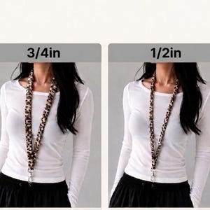 May include: A leopard print lanyard shown in four width options: 1 inch, 3/4 inch, 1/2 inch, and 3/8 inch. The text at the top reads WIDTH OPTIONS. Each lanyard features a brown, black, and tan animal pattern with a silver metal clasp at the bottom.