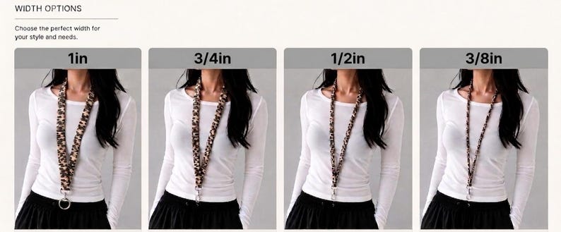 May include: A leopard print lanyard shown in four width options: 1 inch, 3/4 inch, 1/2 inch, and 3/8 inch. The text at the top reads WIDTH OPTIONS. Each lanyard features a brown, black, and tan animal pattern with a silver metal clasp at the bottom.