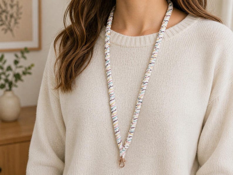 Op de afbeelding: Een stoffen lanyard met een gevlochten ontwerp, een witte basis en dunne, veelkleurige strepen in pasteltinten zoals blauw, roze en geel. De lanyard is voorzien van een goudkleurige metalen karabijnhaak aan de onderkant.