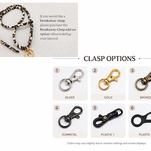 K&ouml;nnte beinhalten: Ein schwarz-wei&szlig; gemustertes Schl&uuml;sselband mit einem drehbaren Metallkarabiner in Goldoptik. Das Bild zeigt sechs Verschlussoptionen unter der &Uuml;berschrift CLASP OPTIONS: 1 Silber, 2 Gold, 3 Bronze, 4 Gunmetal, 5 schwarzer Kunststoff und 6 schwarzer Kunststoffkarabiner.