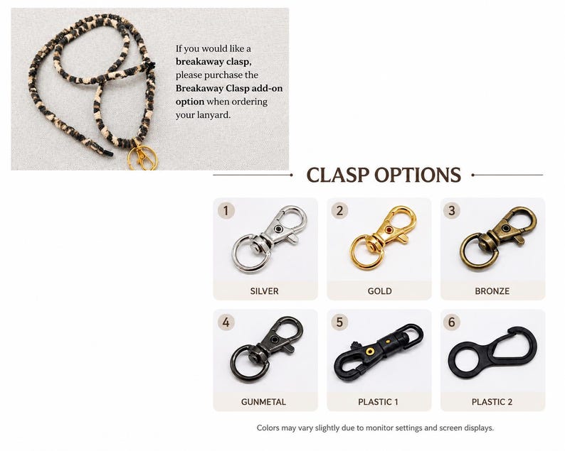 K&ouml;nnte beinhalten: Ein schwarz-wei&szlig; gemustertes Schl&uuml;sselband mit einem drehbaren Metallkarabiner in Goldoptik. Das Bild zeigt sechs Verschlussoptionen unter der &Uuml;berschrift CLASP OPTIONS: 1 Silber, 2 Gold, 3 Bronze, 4 Gunmetal, 5 schwarzer Kunststoff und 6 schwarzer Kunststoffkarabiner.