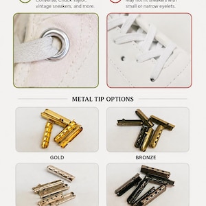 May include: An informational graphic for metal lace tips designed for large eyelets. It shows a comparison between large and small eyelets, and displays four color options: gold, bronze, silver, and gunmetal. Text includes instructions to check shoe eyelet size before ordering.