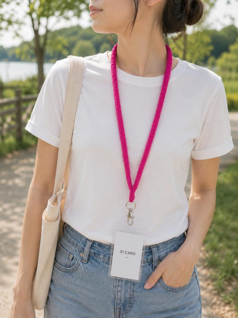 May include: A bright fuchsia lanyard featuring a textured, corded fabric design with a silver-toned metal swivel lobster clasp. Attached to the clasp is a clear plastic vertical badge holder containing a white card with the printed text ID CARD.