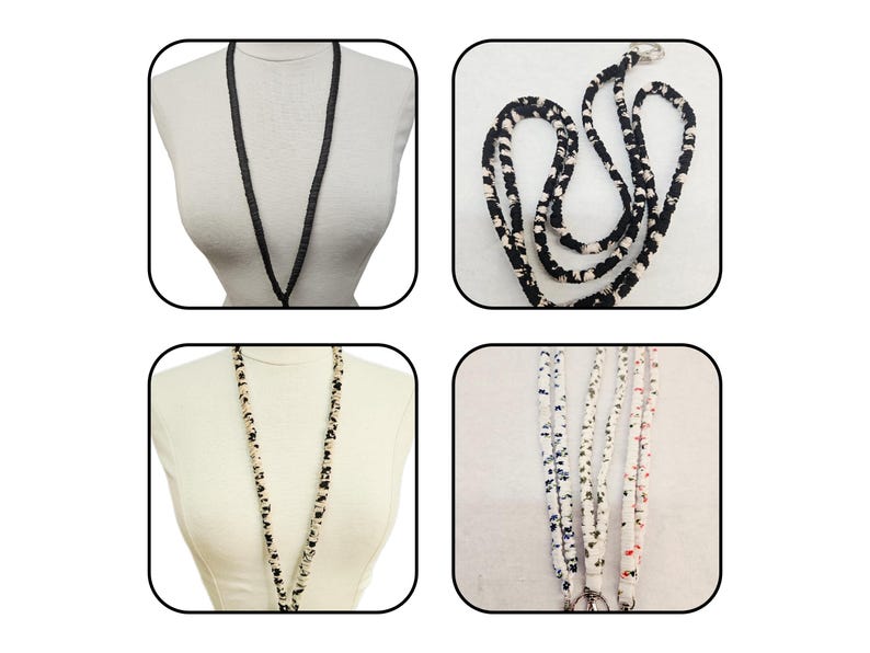K&ouml;nnte beinhalten: Eine Kollektion von Stoff-Lanyards mit verschiedenen Mustern und Farben. Das Set enth&auml;lt ein einfarbiges schwarzes Lanyard, ein schwarz-wei&szlig; gemustertes Lanyard, ein beige-schwarz gepunktetes Lanyard und drei wei&szlig;e Lanyards mit kleinen Blumenmustern.