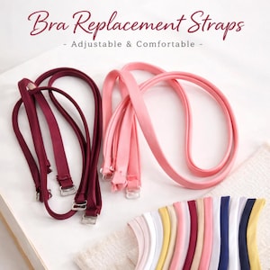 May include: Bra replacement straps in burgundy and pink, with adjustable metal clasps. The image also shows a variety of colorful bra straps in shades of white, yellow, pink, burgundy, navy, and gold. Text on the image reads "Bra Replacement Straps - Adjustable & Comfortable -"