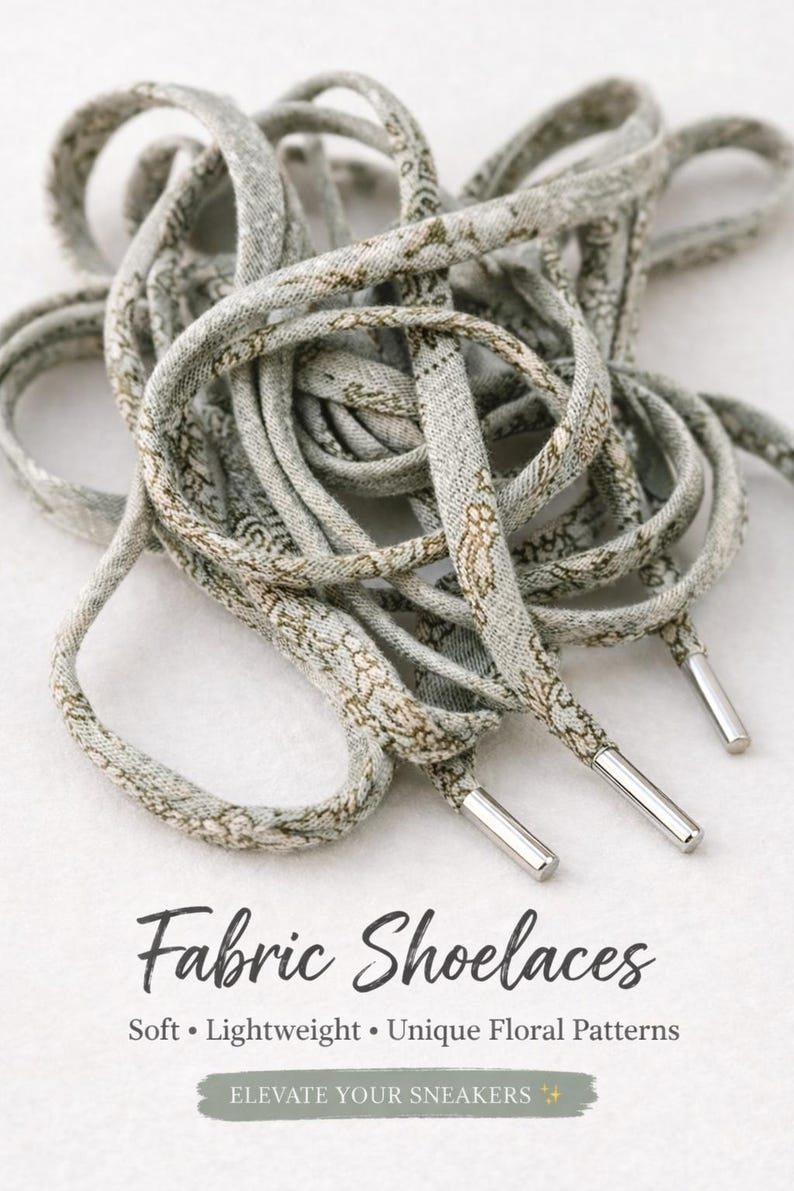 Puede incluir: Primer plano de cordones de tela con un estampado floral en tonos grises y marrones. Los cordones tienen punteras met&aacute;licas plateadas. El texto "Fabric Shoelaces" se muestra debajo.