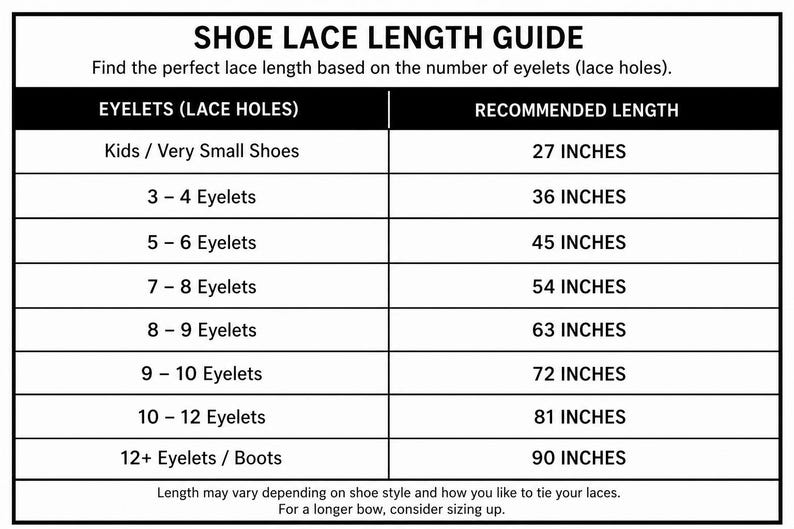 Puede incluir: Una gu&iacute;a en blanco y negro de la longitud de los cordones de los zapatos. La gu&iacute;a proporciona las longitudes de los cordones recomendadas en cent&iacute;metros en funci&oacute;n del n&uacute;mero de ojales. Incluye longitudes para zapatos de ni&ntilde;os hasta botas con 229 cm.