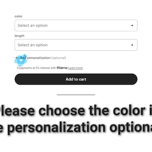 Puede incluir: Interfaz de comercio electr&oacute;nico blanca con men&uacute;s desplegables para la selecci&oacute;n de color y longitud. El texto "A&ntilde;adir personalizaci&oacute;n (opcional)" es visible, junto con un bot&oacute;n negro "A&ntilde;adir al carrito". Se muestra el mensaje "Por favor, elige el color en la personalizaci&oacute;n opcional".