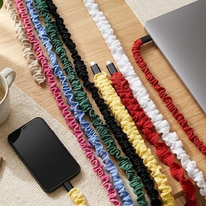Slip-on USB Cord Cover: Thin Phone Charger Cable Protector/Phone charger cord cover – cute desk Decorative Fabric Cable Wrap/ NOT FOR Plugs