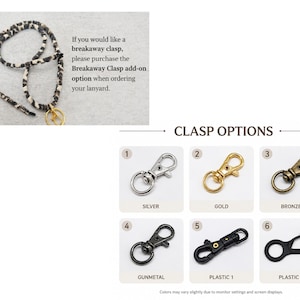 Op de afbeelding: Een zwart-wit patroon lanyard met een gouden ring, vergezeld van een tabel met de titel CLASP OPTIONS. De tabel toont zes metalen en plastic karabijnsluitingen in zilver, goud, brons, gunmetal en twee verschillende zwarte plastic stijlen.