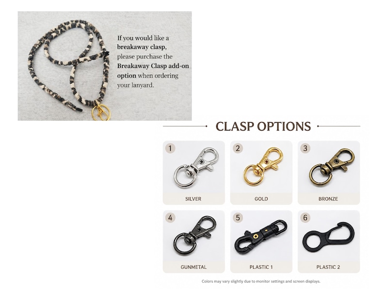Op de afbeelding: Een zwart-wit patroon lanyard met een gouden ring, vergezeld van een tabel met de titel CLASP OPTIONS. De tabel toont zes metalen en plastic karabijnsluitingen in zilver, goud, brons, gunmetal en twee verschillende zwarte plastic stijlen.