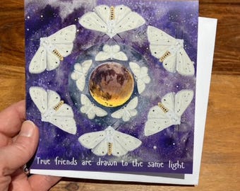 Blank Moth Greeting Card | Nature | Friendship | Spiritual Art | Mindfulness Gift | Moon & Night Sky Illustration