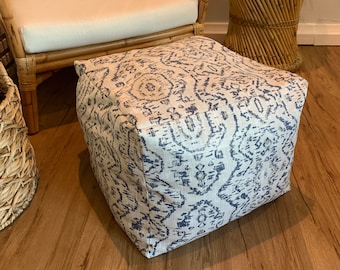 Pattern Pouf Ottoman, Blue and white boho pouf, blue and white pouf, blue and white ottoman, slipcover pouf, removable pouf cover