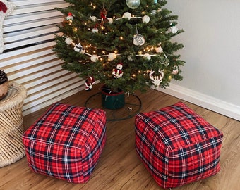 Flannel Plaid Christmas Pouf Ottoman, Red and Green Checkered Plaid Pouf, Home Decor, removable pouf cover, washable pouf cover