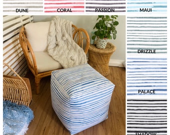 ストライプ柄プーフオットマン：ブルー、コーラル、ブラック、ベージュ