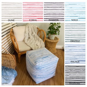Striped Pouf Ottoman: Blue, Coral, Black, Beige - Home Decor