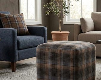Cozy Slate & Charcoal Plaid Pouf, Toffee plaid pouf, Grey plaid pouf