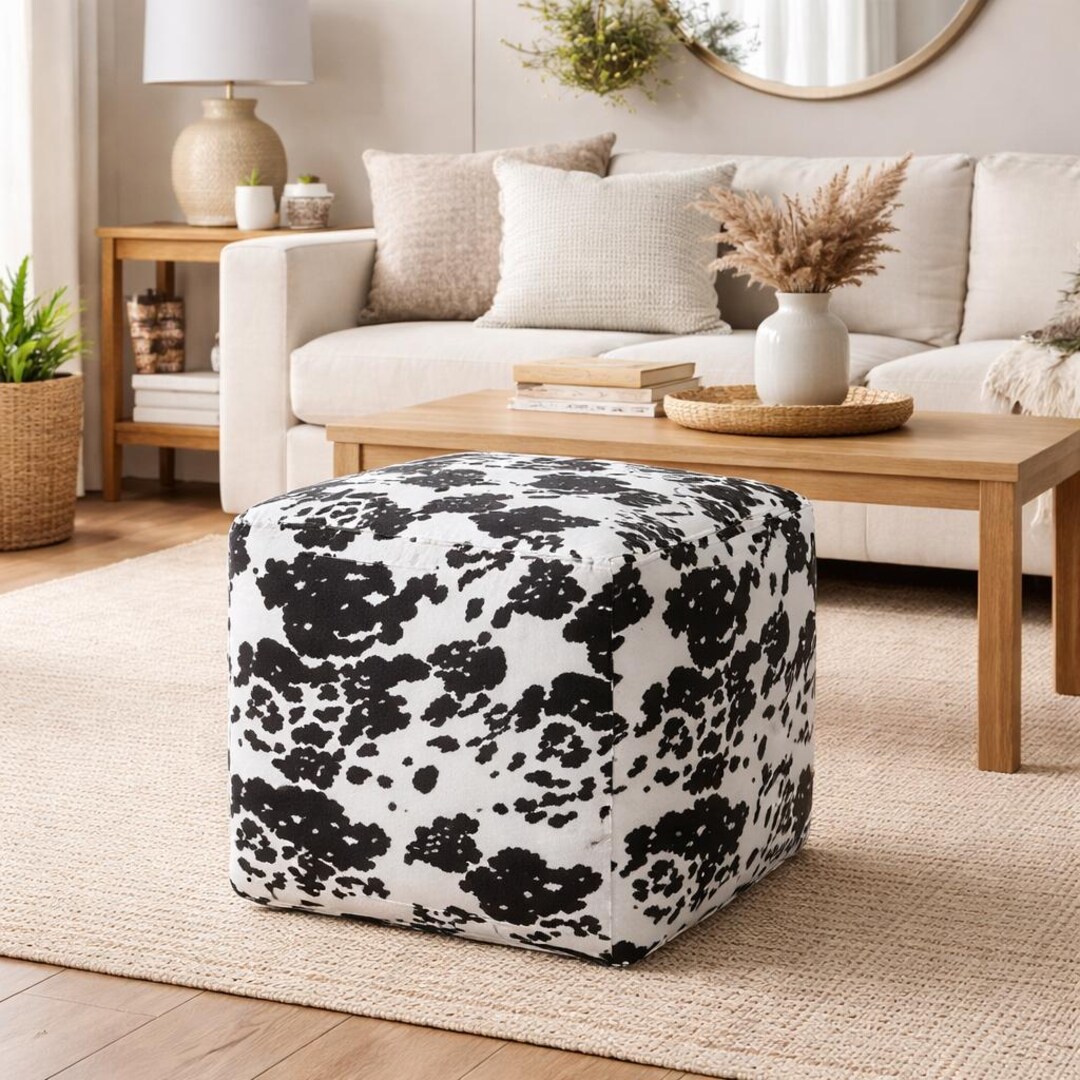 Black and White Cow Print Pouf Ottoman Cover: Washable Hide Pouf