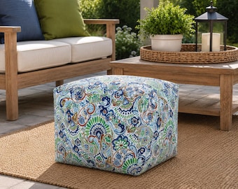 Kleurrijke paisley-poef voor buiten, blauw en groen buitenpoef met paisley-patroon, wasbare poefhoes voor buiten