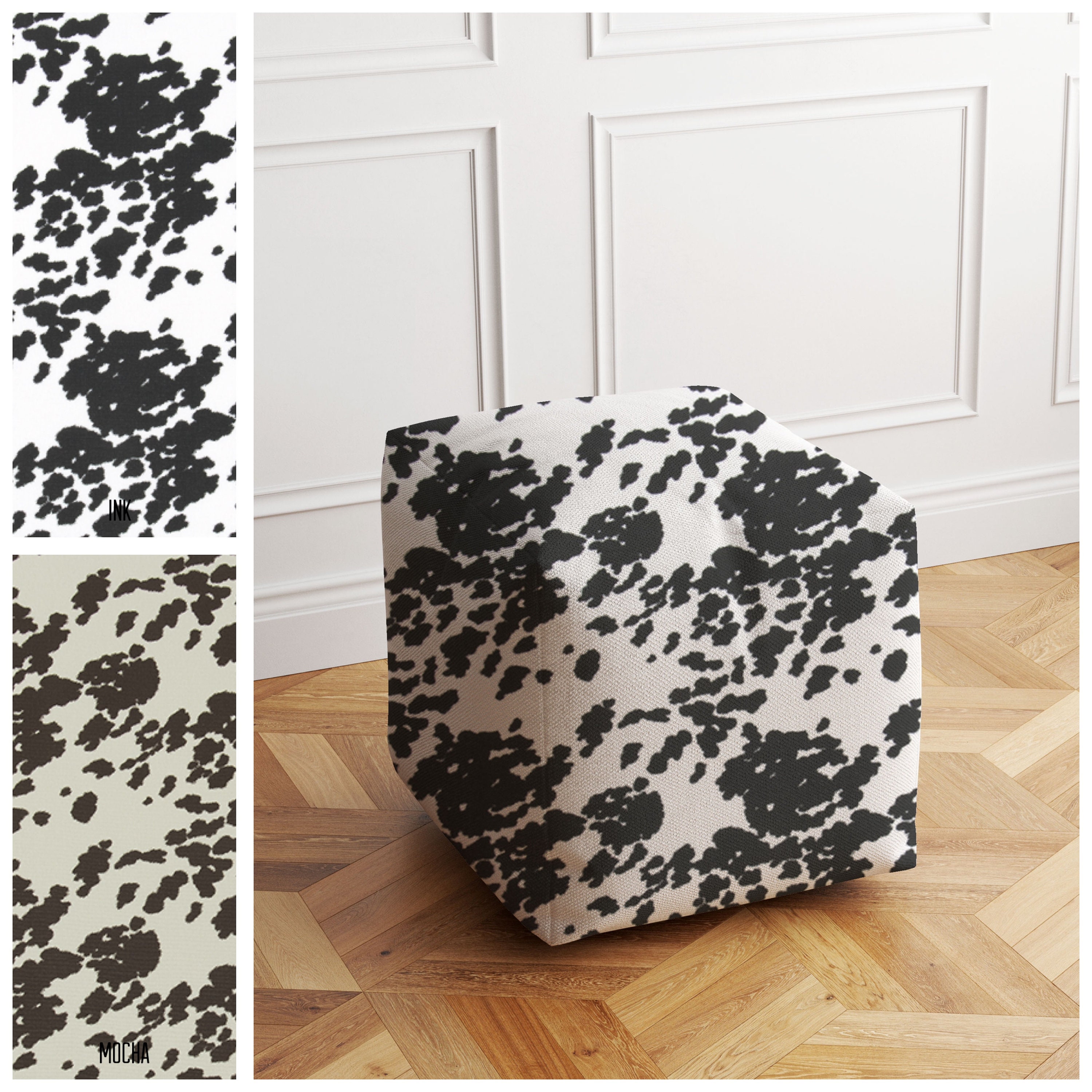 Washable Pouf Cover Hide Pouf Cow Print Pouf Ottoman Black and