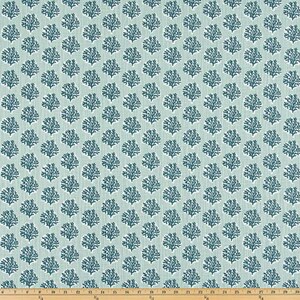 May include: A fabric with a repeating pattern of stylized coral branches in a dark teal color against a light teal background. The coral pattern is evenly spaced across the fabric, creating a textured appearance. The fabric is likely used for upholstery or home decor.