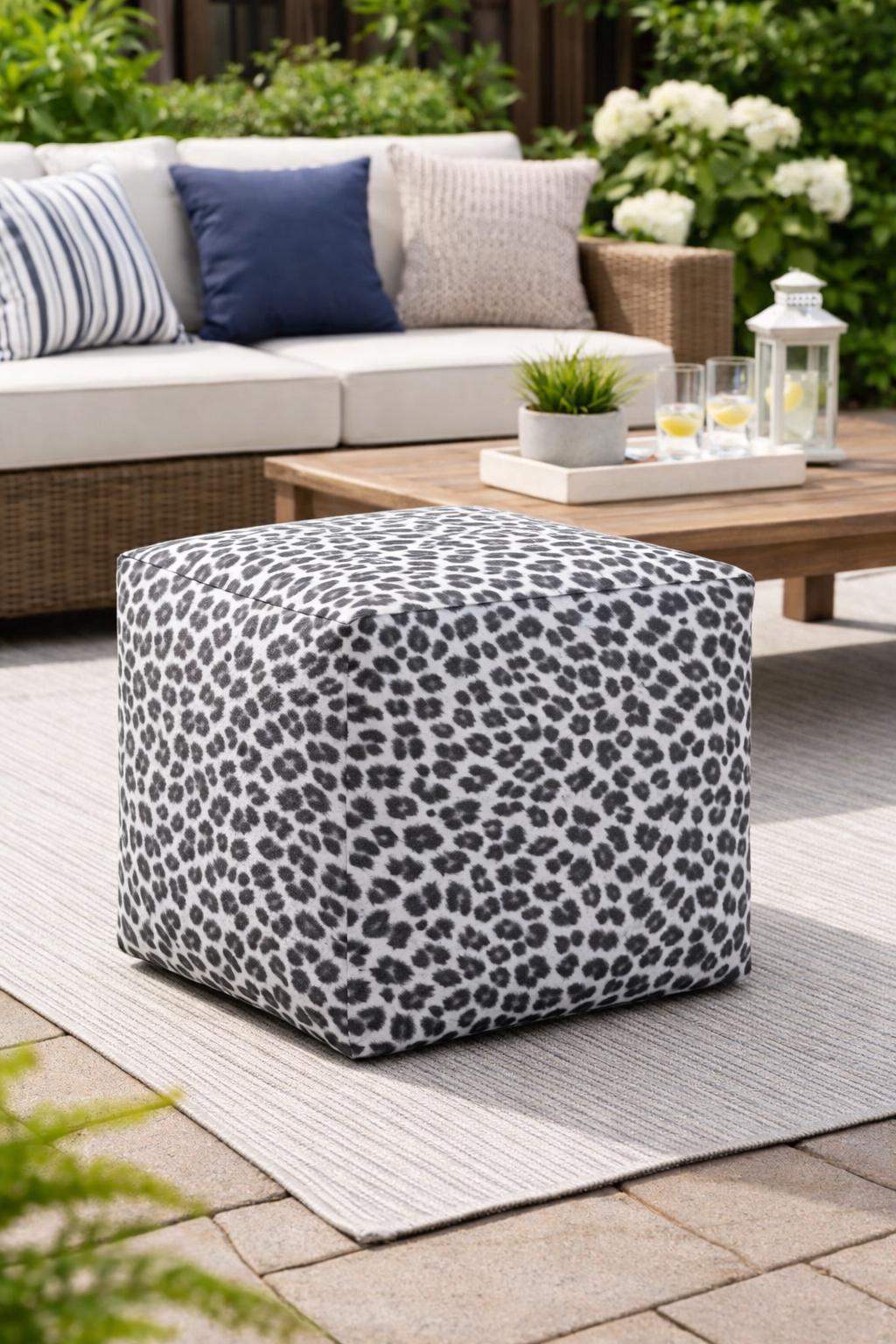 Leopard Print Pouf Ottoman: Washable Outdoor Fabric Cover, Brown