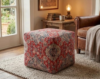 Vintage Red Damask pouf ottoman, Moroccan damask red pouf ottoman