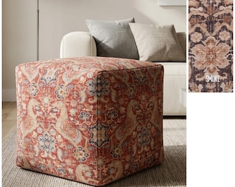 Horse Motif vintage-inspired tapestry pouf, Pony motif pouf, Horse motif pouf, Red patterned pouf, Black and brown patterned pouf