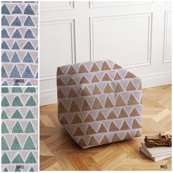 Magnolia fabric, Washable pouf, brown and grey pouf, green and grey pouf, blue and grey pouf, triangle pattern pouf, patterned pouf ottoman,