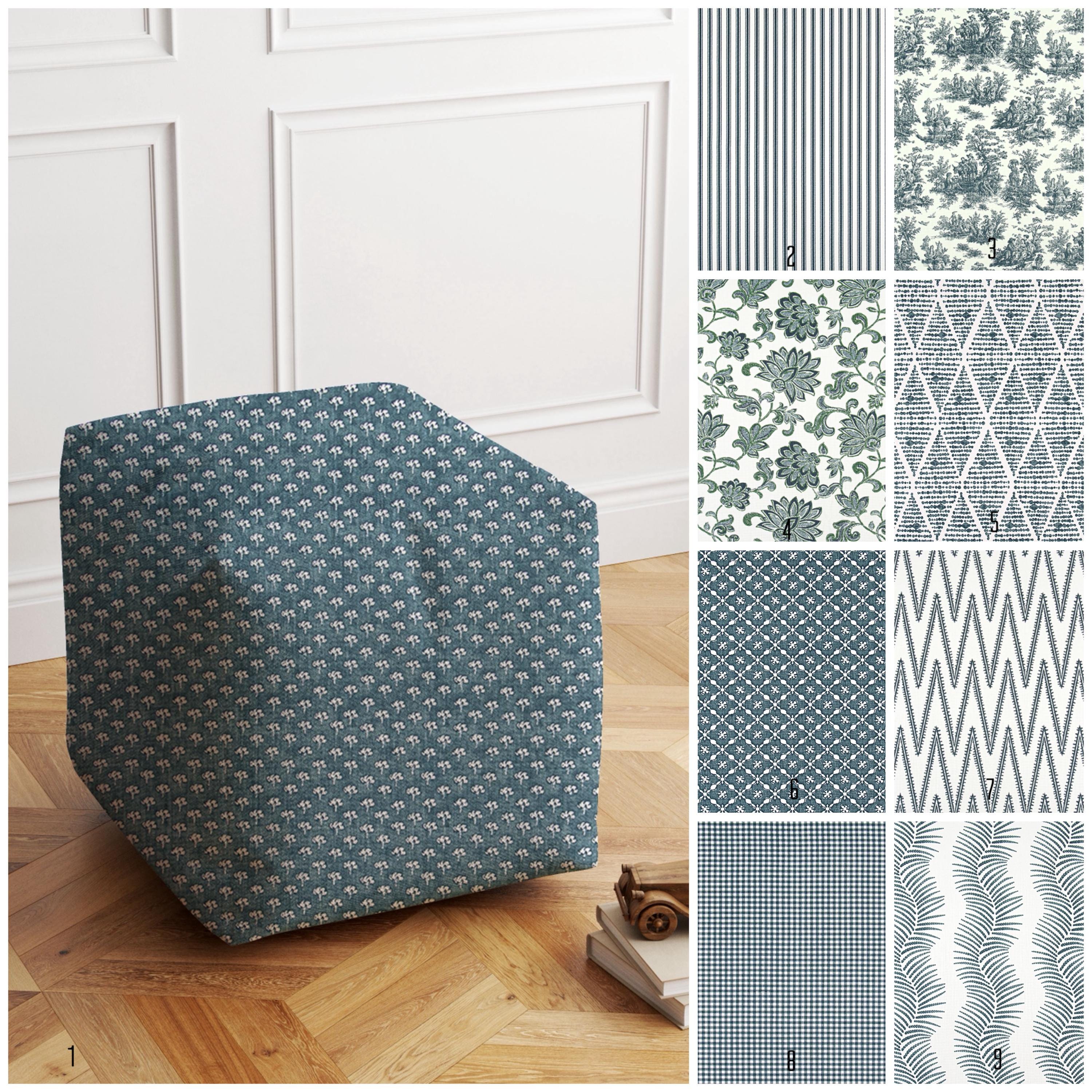 【Cha-hanさま宛】プフ　オットマン　ストライプ ストライプブルーのプーフオットマン：花柄フットスツール