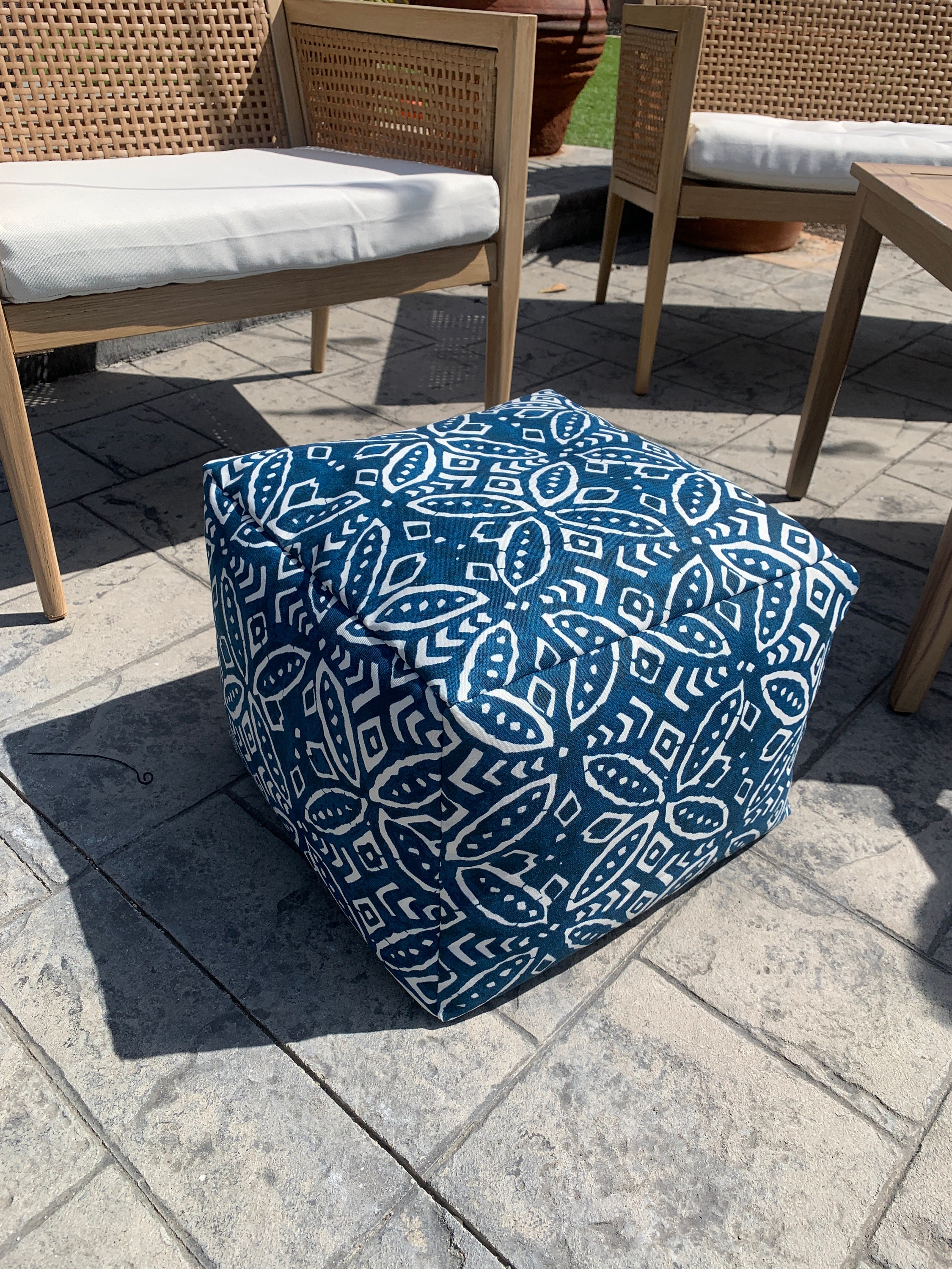 Indigo Indoor/outdoor Navy Blue Pouf Ottoman Ivory Pattern Etsy