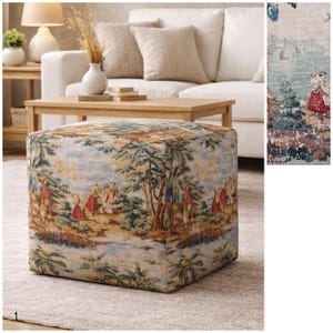 Vintage Toile Pouf Ottoman: Colorful English Style