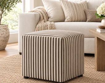 Ottoman in kastanjebruin en lichtbeige | 42 cm | Katoen-linnenmix | Afneembaar en wasbaar