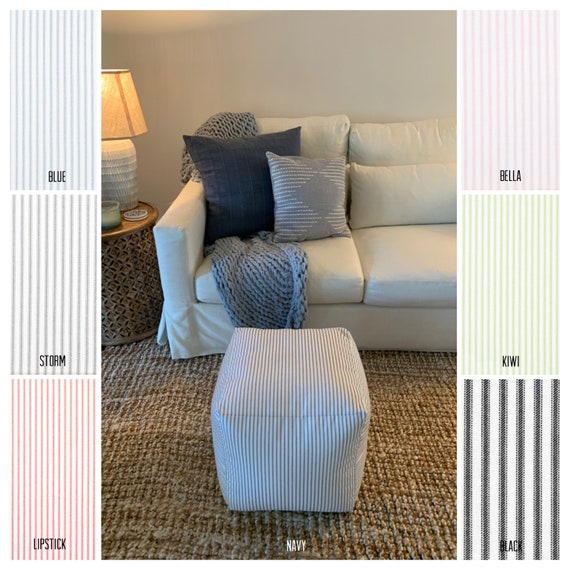 Blue and 2024 white striped ottoman