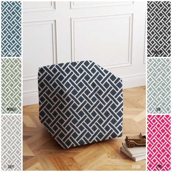 Outdoor pouf ottoman, herringbone pattern, navy and white outdoor pouf, grey outdoor pouf, removable and washable pouf cover, blue outdoor