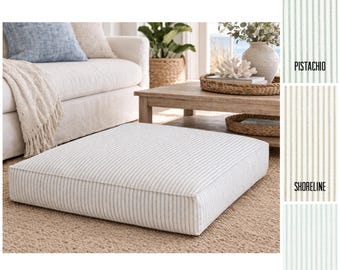 Coastal Stripe Floor Pillow: Handmade Slub Canvas, 24" Square, Blue and white striped floor pillow, ticking stripe floor pillow