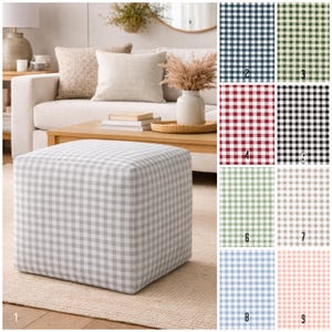 Small Gingham Pattern Pouf Ottoman: Checkered Pattern, Small Footstool, Blue gingham pouf, red gingham pouf, beige gingham pouf