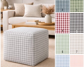 Small Gingham Pattern Pouf Ottoman: Checkered Pattern, Small Footstool, Blue gingham pouf, red gingham pouf, beige gingham pouf