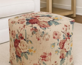 Vintage Floral Pouf Ottoman: Beige & Red Floral Decor