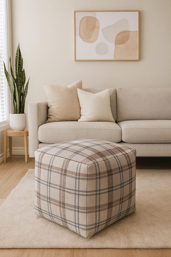 Plaid Pouf Ottoman: Beige & Brown Fall Decor, Washable Cover