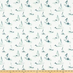 May include: White fabric with a repeating pattern of teal sailboats. The sailboats are depicted in a watercolor style, with their sails and reflections in the water. The fabric has a nautical theme.