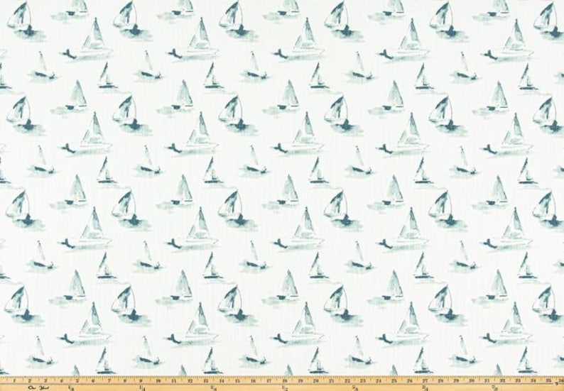 May include: White fabric with a repeating pattern of teal sailboats. The sailboats are depicted in a watercolor style, with their sails and reflections in the water. The fabric has a nautical theme.