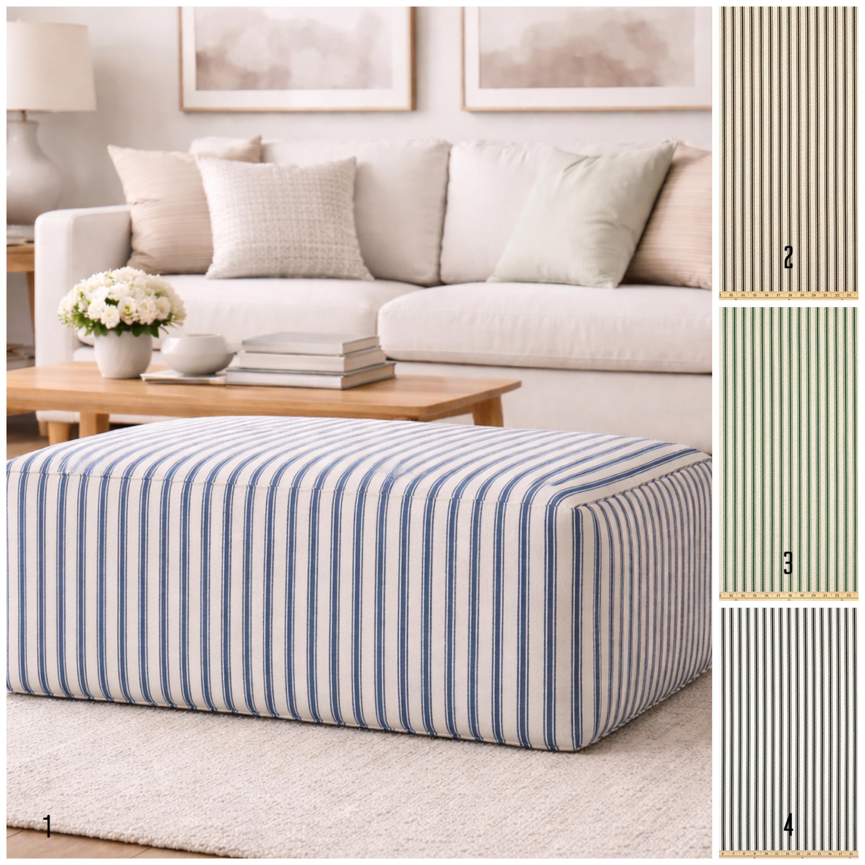Large Rectangle Ticking Striped Blue Pouf Ottoman: Handmade Cover ...