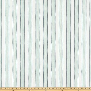 May include: Fabric with a vertical stripe pattern. The design features alternating stripes of white, light blue-green, and dark blue-green. The stripes are evenly spaced and run the length of the fabric. The fabric is likely used for home decor or apparel.