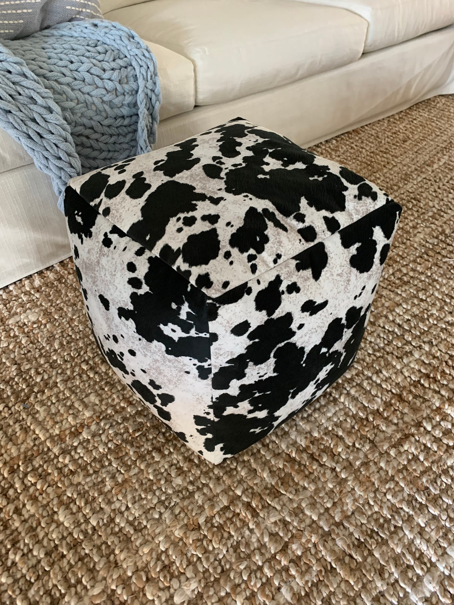 Faux Fur Cow Hide Pouf Black